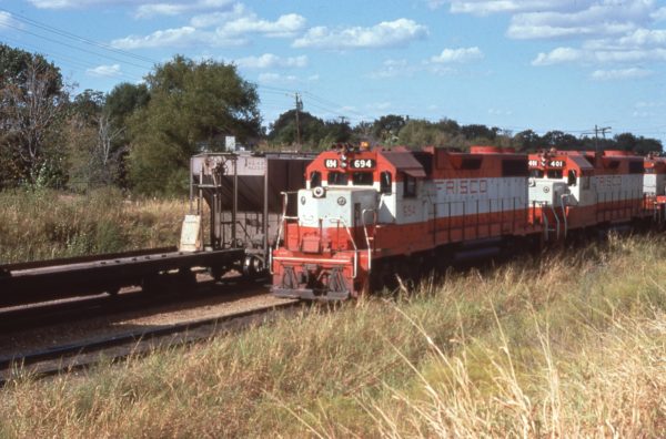 GP38-2s 694, 401 and GP7 524 at Irving, Texas in October 1975 (C.D. Baker)