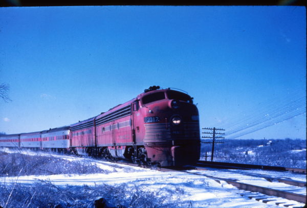 E8A 2017 (Pensive) with The Meteor in tow (being pulled backward due to a derailment near Rolla, Missouri) near Kirkwood, Missouri on January 23, 1959 (Al Chione)
