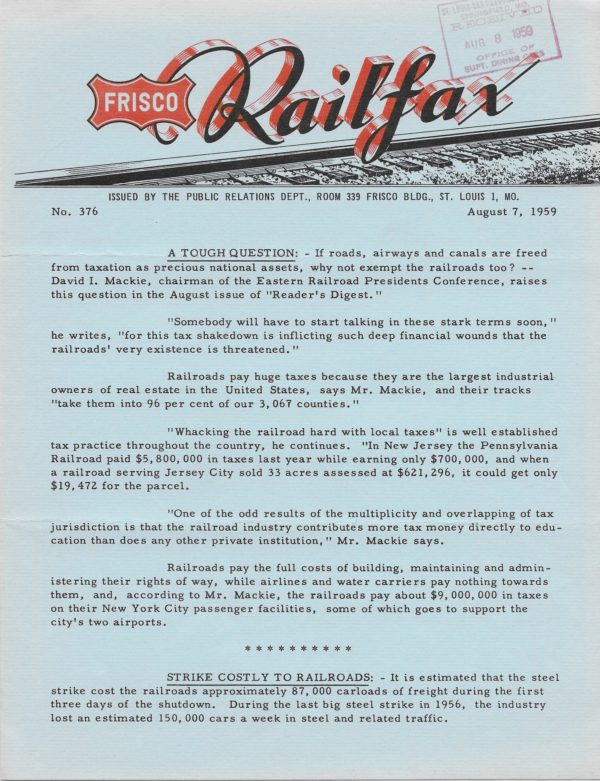 Railfax 376 - August 7, 1959