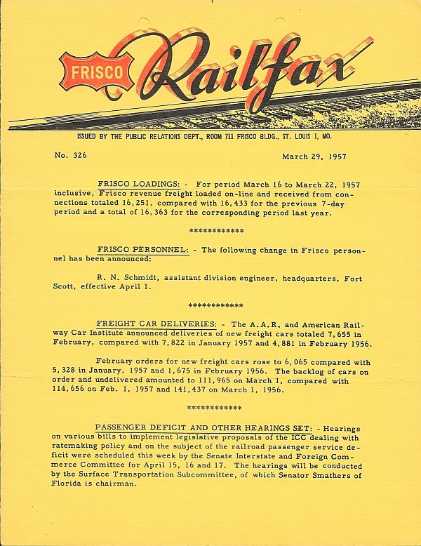 Railfax 326 - March 29, 1957