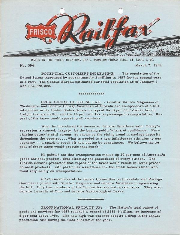 Railfax 354 - March 7, 1958