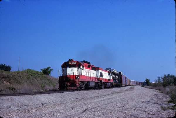 GP35 709 at Bowden, Oklahoma on May 19, 1980 (John C. Benson - Paul Slavens Collection)